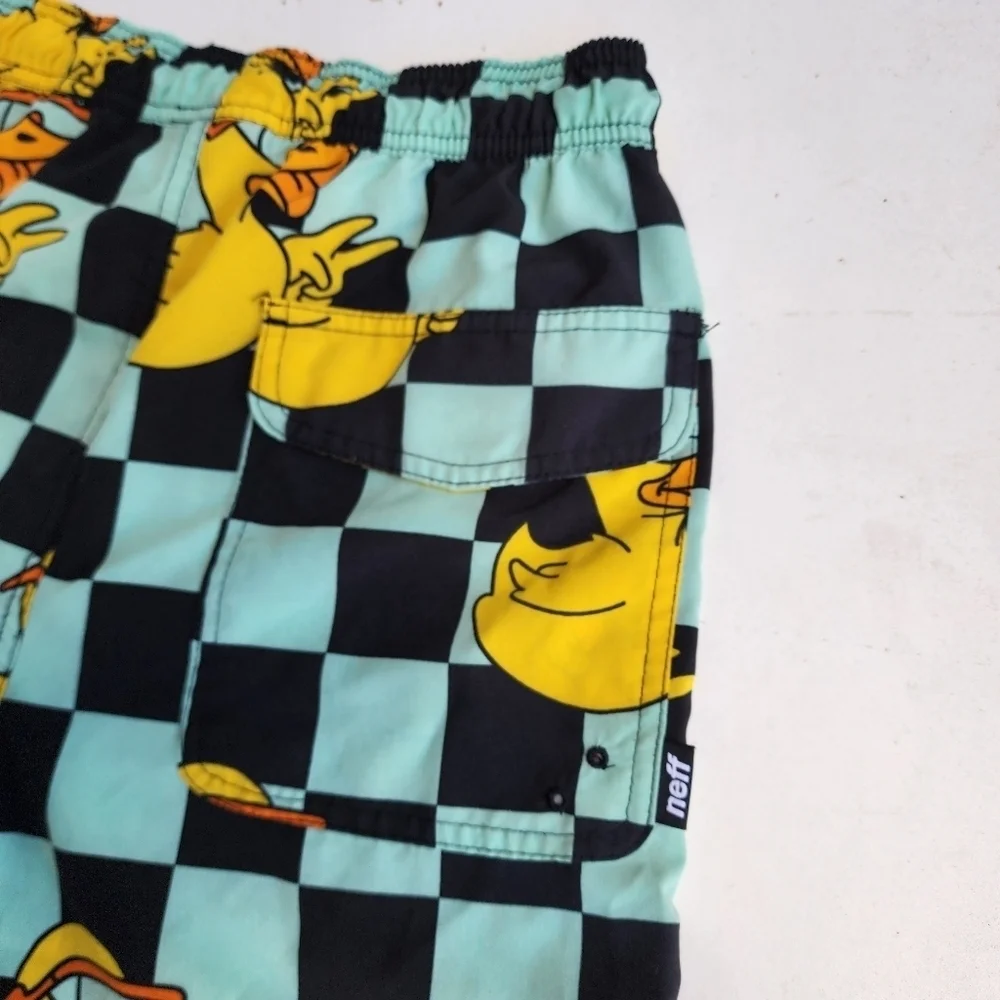 Neff Boys Ducky Swim Trunks Aqua Blue Yellow Polyester Spandex Drawstring Sz M